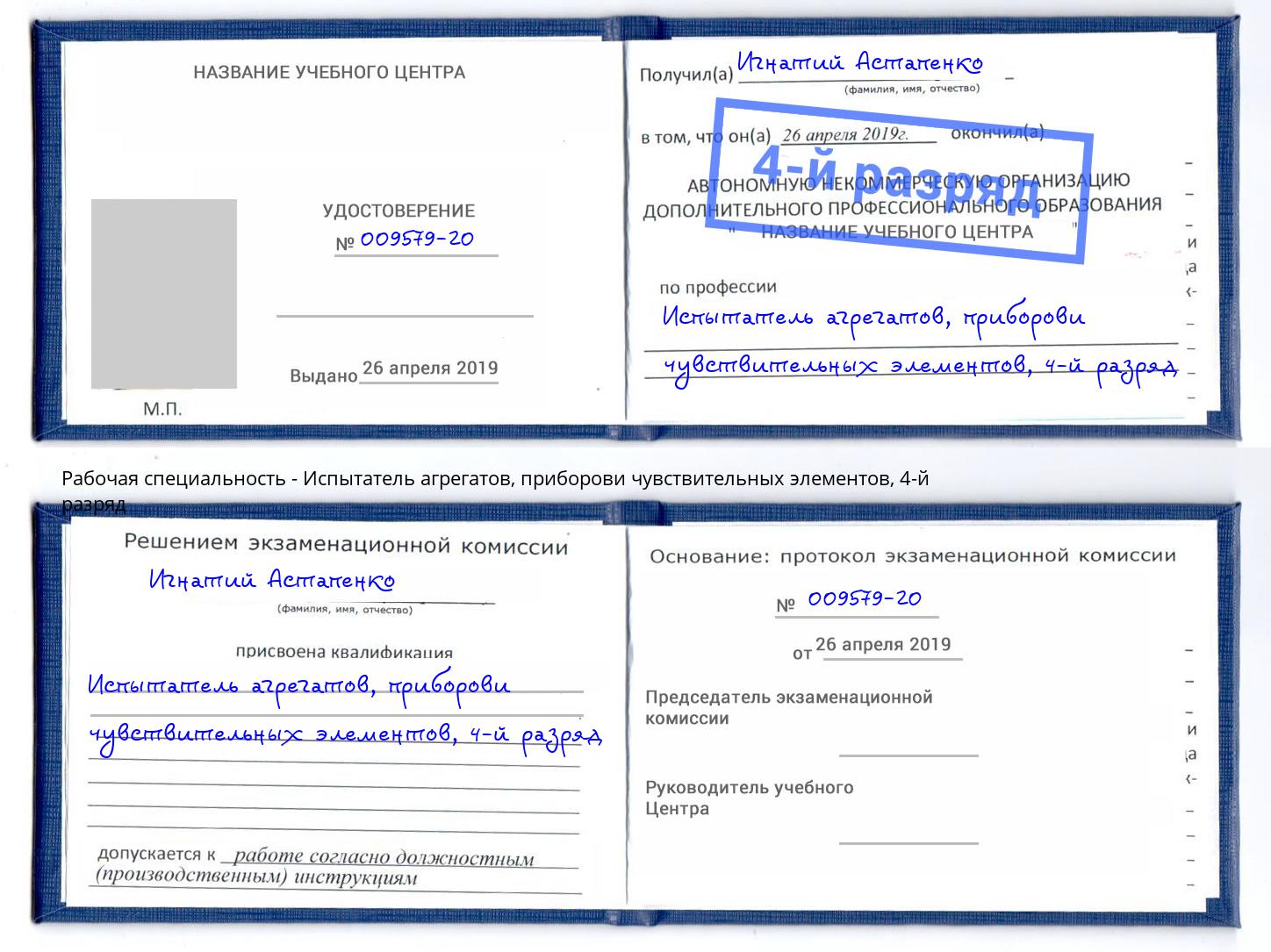 корочка 4-й разряд Испытатель агрегатов, приборови чувствительных элементов Серов