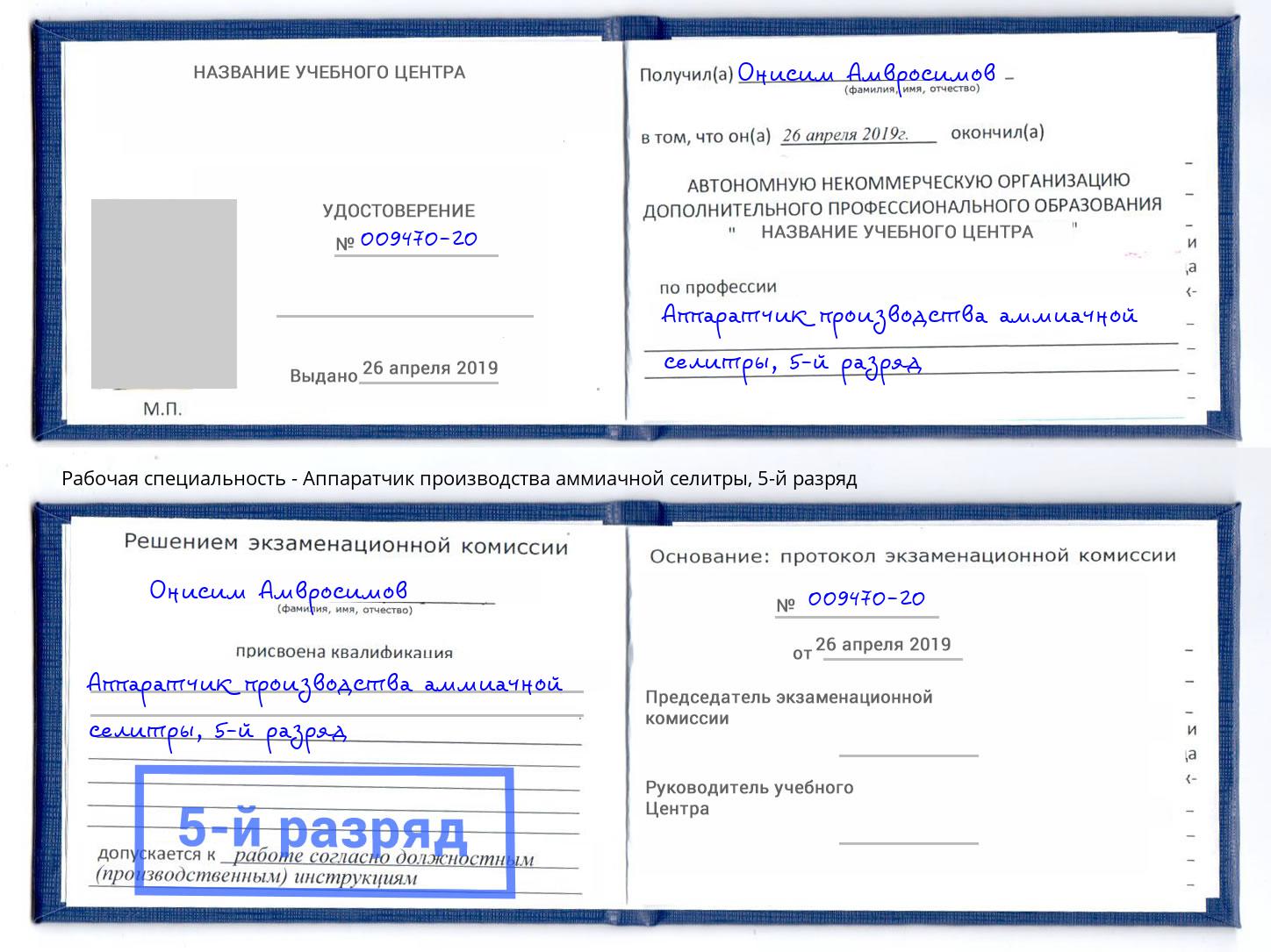 корочка 5-й разряд Аппаратчик производства аммиачной селитры Серов