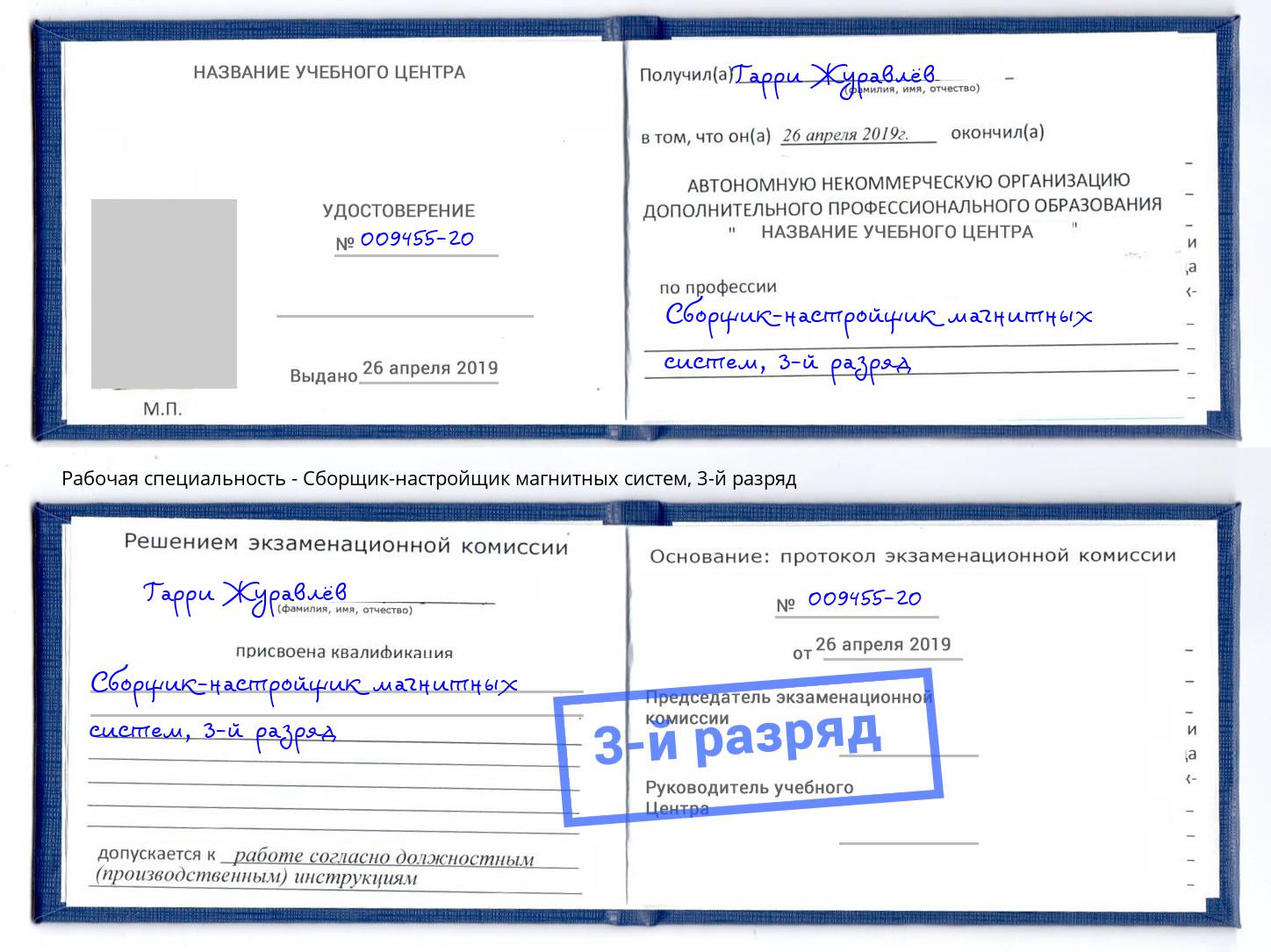 корочка 3-й разряд Сборщик-настройщик магнитных систем Серов