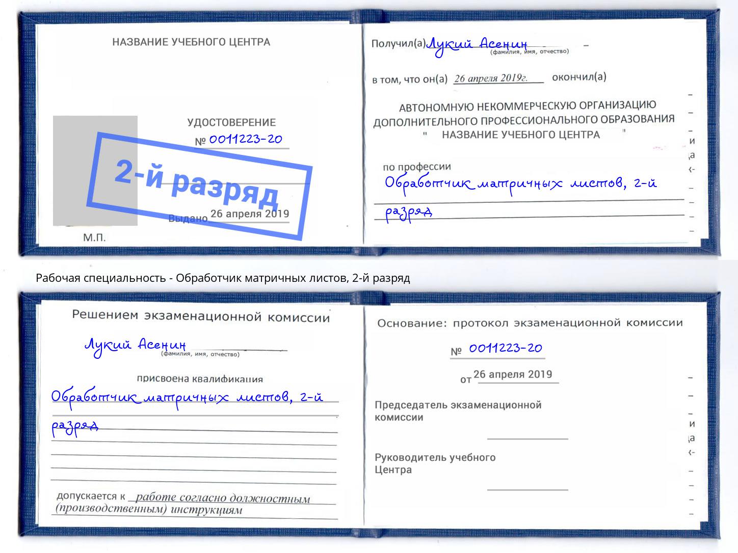 корочка 2-й разряд Обработчик матричных листов Серов