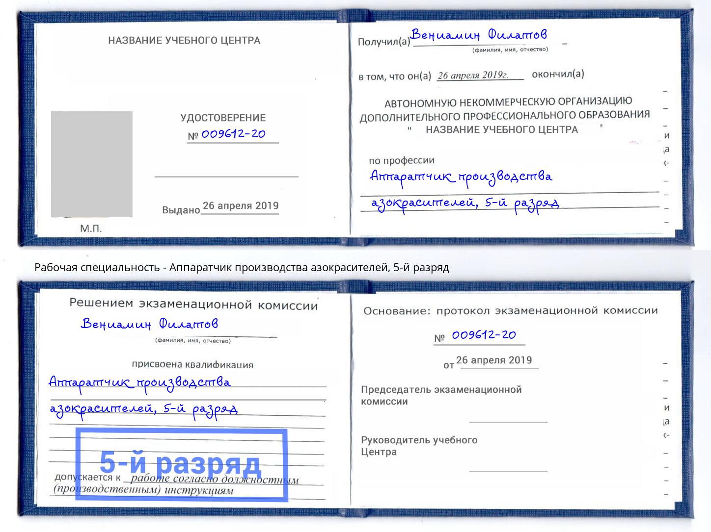 корочка 5-й разряд Аппаратчик производства азокрасителей Серов