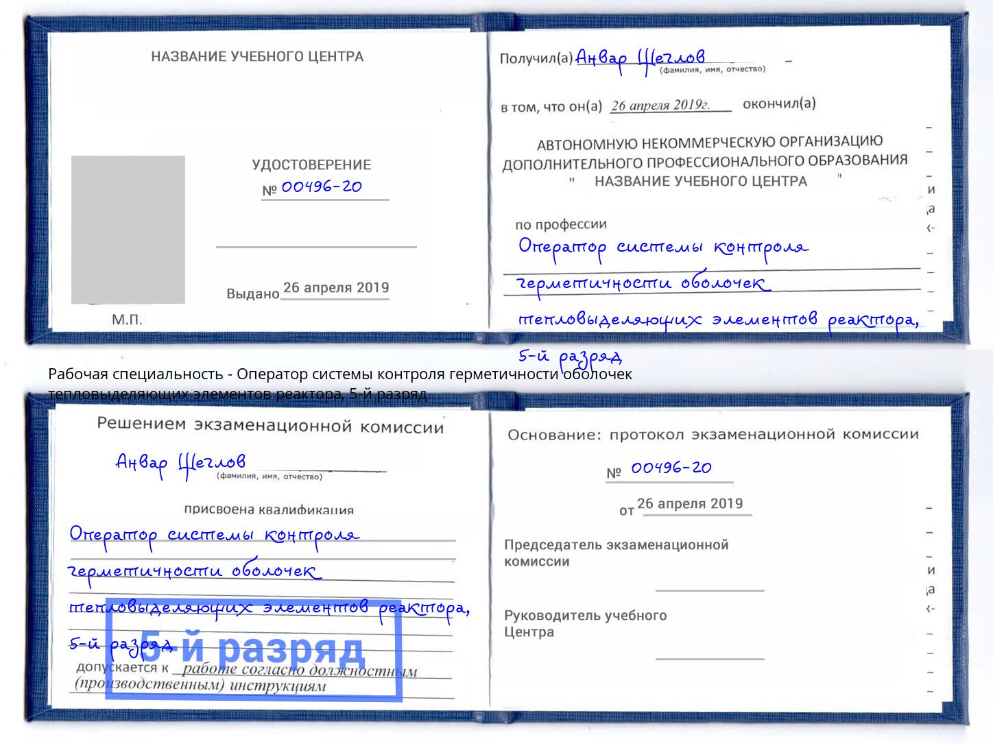 корочка 5-й разряд Оператор системы контроля герметичности оболочек тепловыделяющих элементов реактора Серов