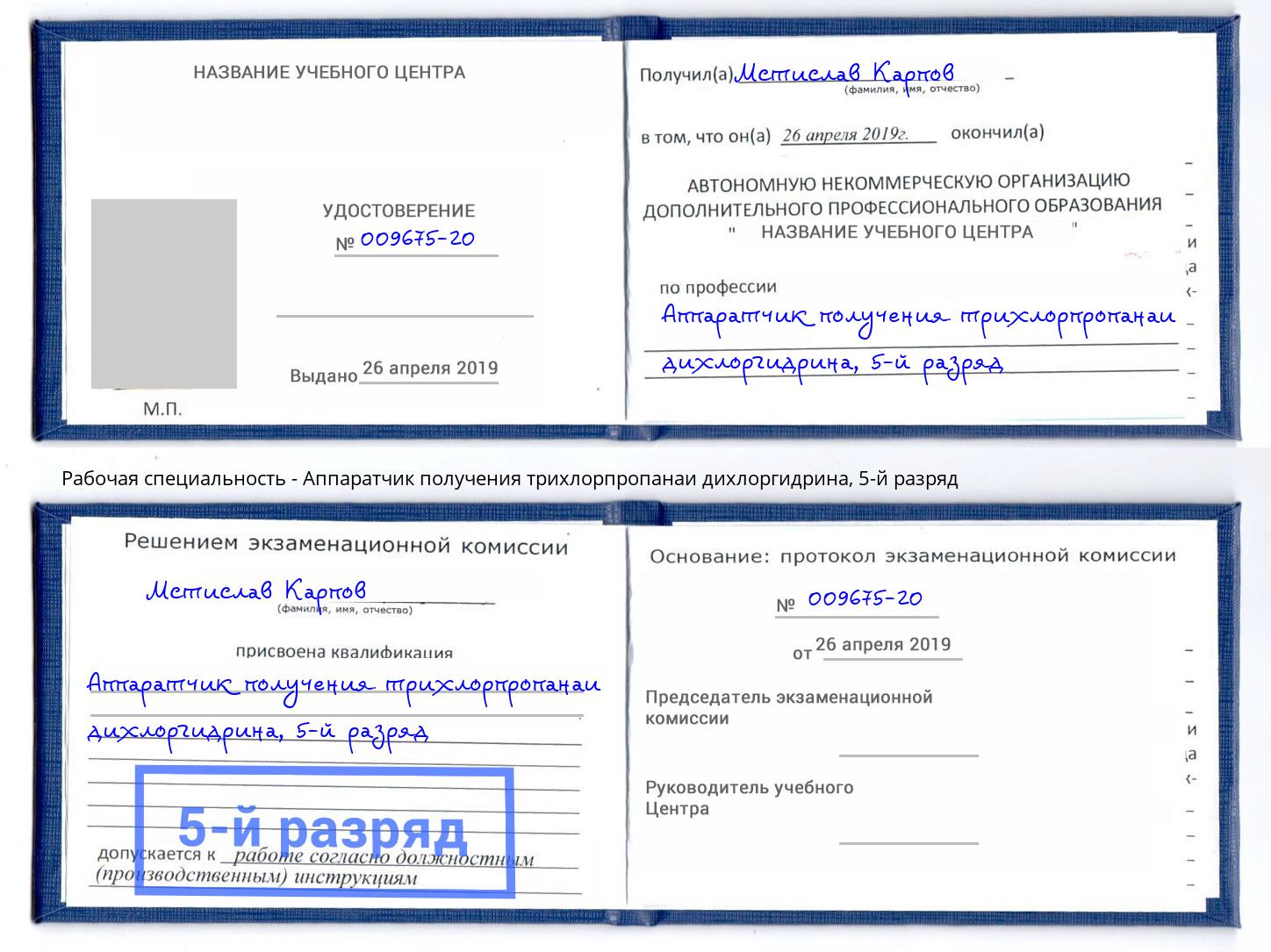 корочка 5-й разряд Аппаратчик получения трихлорпропанаи дихлоргидрина Серов